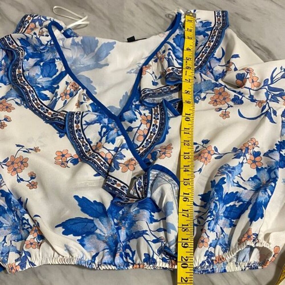 Vici White Floral Ruffle Tie-Front Blouse with Blue & Peach Accents - Picture 10 of 11